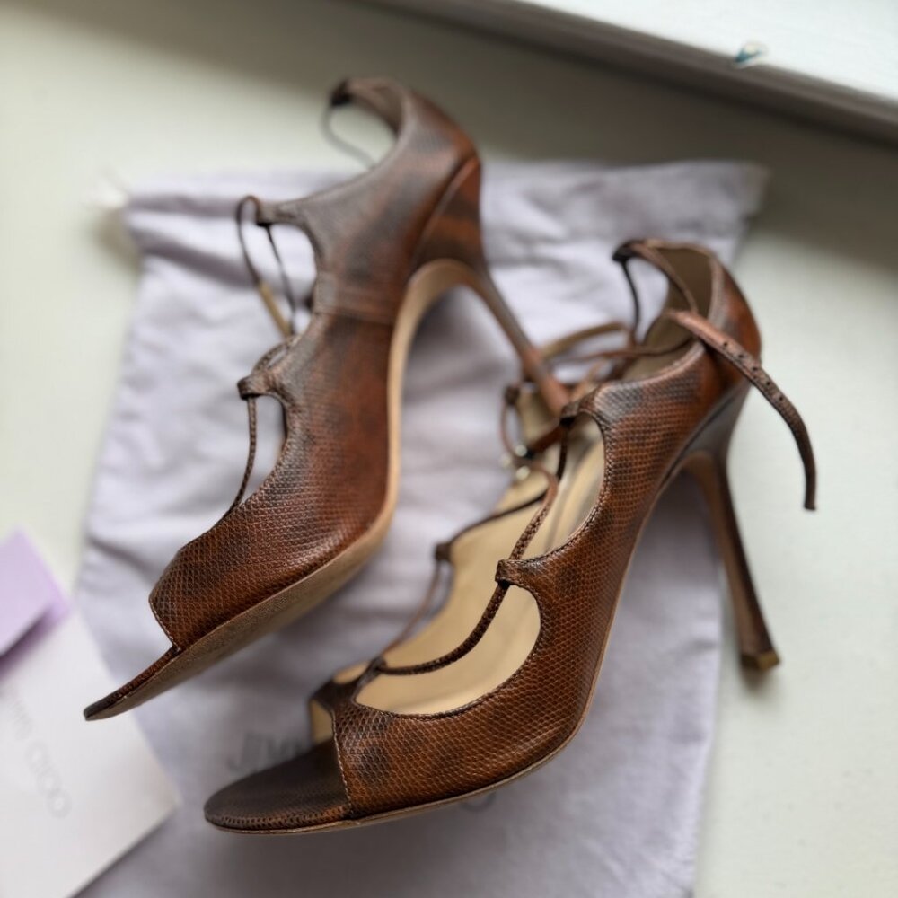 🤎✨ Jimmy Choo Tobacco Karung Skin Lace-Up Heels Size 40 (US 9–9.5) 🤎✨ - Picture 13 of 16